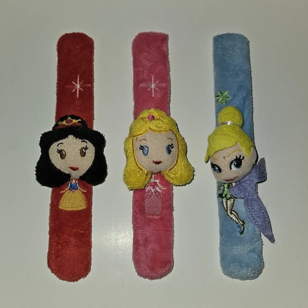 3 Disney Princess Plush Slap Bracelet Lot Snow White Tinkerbell Aurora